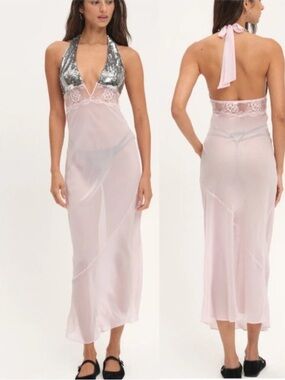 NWT For Love And Lemons Pink Sheer Halter Lace Slip Dress w Silver Sequin Bodice